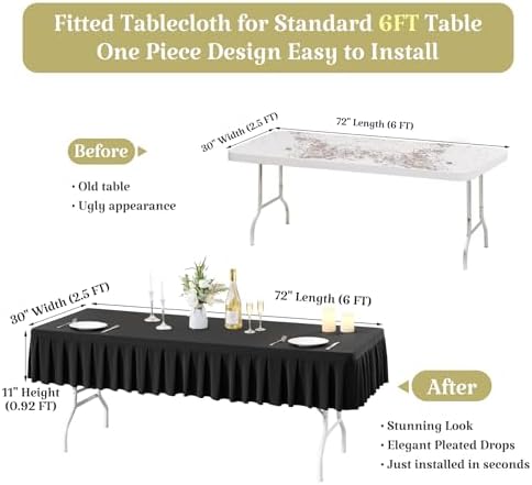 1 Pack Black Spandex Tablecloth for 6 Foot Rectangle Table with Pleated Skirt