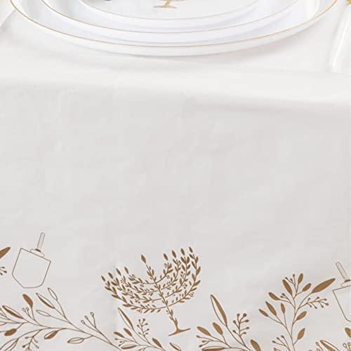 EcoQuality Hanukkah Tablecloth - White and Gold Rectangle Plastic 54 x 108 inch for Holiday Party Decorations