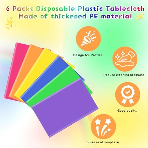 6Pcs Neon Plastic Table Cloths Set Rainbow 54x72 Inch Disposable Table Covers