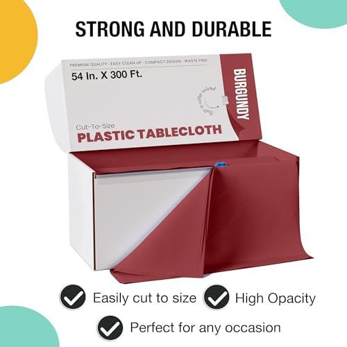 Exquisite Burgundy Plastic Tablecloth Roll 54x300 Cut To Size Box With Slide Cutter