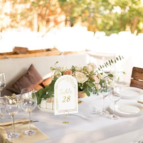 JOYIT 20 Set Wedding Table Numbers with Holders White Gold Cards for Events