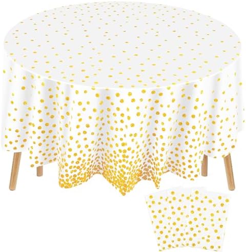 Newwiee 84 Inch Round Dot Tablecloth 3 Pcs White Gold Dots