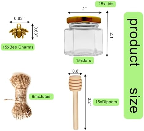 Adabocute Honey Pot 2oz Mini Glass Jars with Wood Dipper Gold Lid Bee Pendants Beige Gift Bags 15 Pack