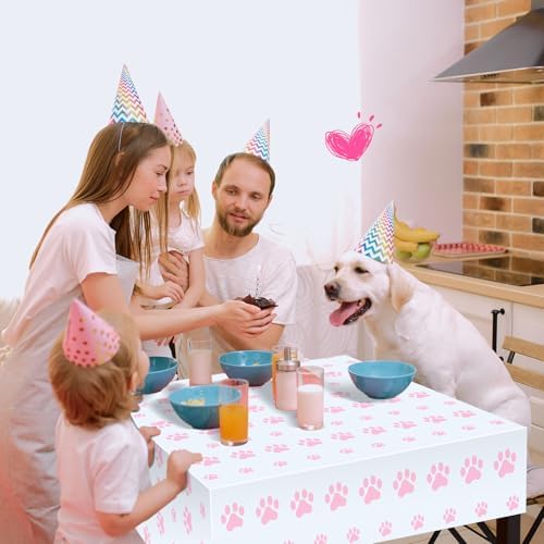 Tatuo 2 Piece Puppy Paw Print Tablecloth Set for Dog Birthday Party Decorations Pink 71 x 54 Inch