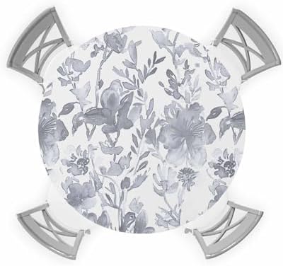 Gray Botanical Round Waterproof Table Cover Fitted Tablecloth
