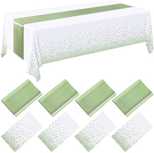 Breling 8 Pack White Sage Green Tablecloths and Table Runner Set