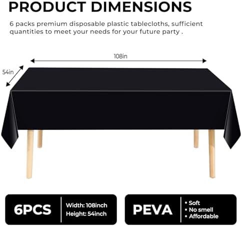 6 Pack Premium Disposable Plastic Tablecloths 54x108 Black