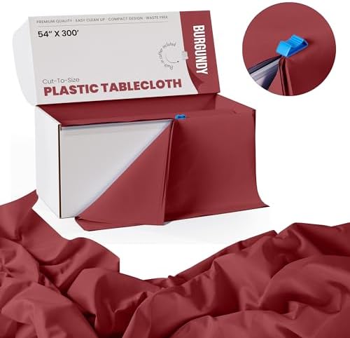 Exquisite Burgundy Plastic Tablecloth Roll 54x300 Cut To Size Box With Slide Cutter