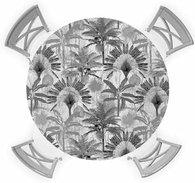 Grey Tropical Leaf Round Waterproof Table Cover Fitted Tablecloth