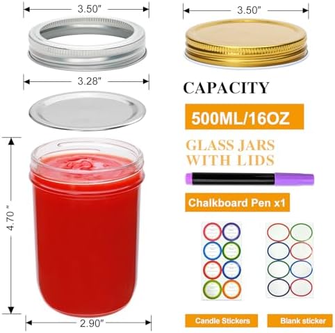 16oz Mason Jars with Lids 12 Pack Overnight Oats Containers for Jam and Canning