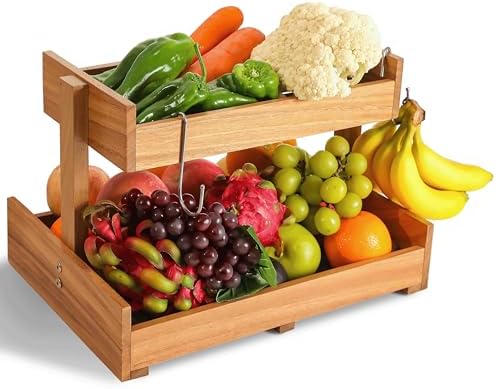 2-Tier Acacia Wood Fruit Basket Large Capacity Bowl Organizer