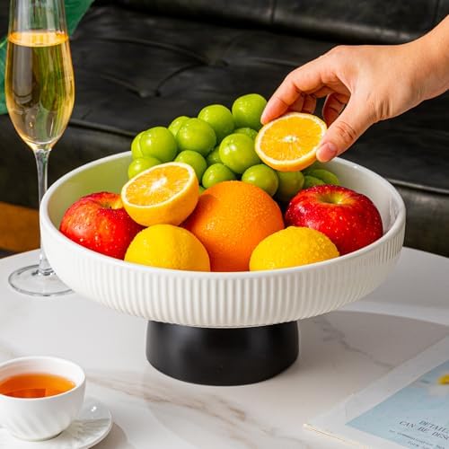 Ceramic Fruit Bowl 11-Inch White Tray with Black Base