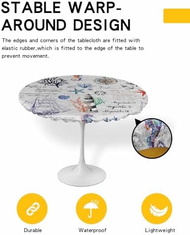 Nautical Compass Round Waterproof Table Cover with Elastic Fit