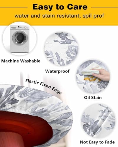 Gray Botanical Round Waterproof Table Cover Fitted Tablecloth