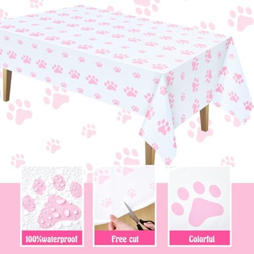 Tatuo 2 Piece Puppy Paw Print Tablecloth Set for Dog Birthday Party Decorations Pink 71 x 54 Inch