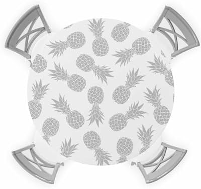 Silver Pineapple Waterproof Round Table Cover 36-44 Inch Elastic Tablecloth for Indoor Outdoor Use