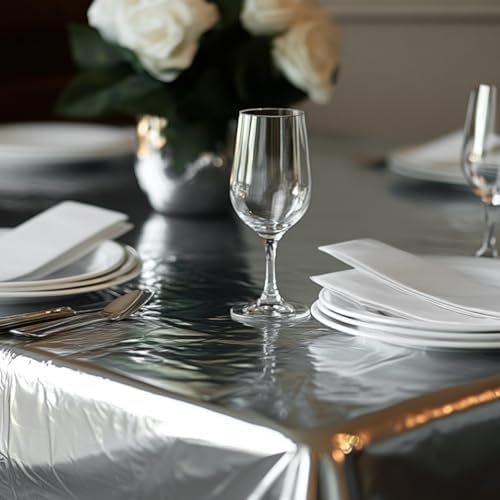 PartyWoo 3 pcs Silver Foil Table Cover 54 x 108 Inch Waterproof Tablecloth for 6-8 Foot Tables