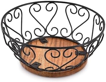 EDHAS Iron Fruit Bowl With Wooden Base 9x9x4 Inches