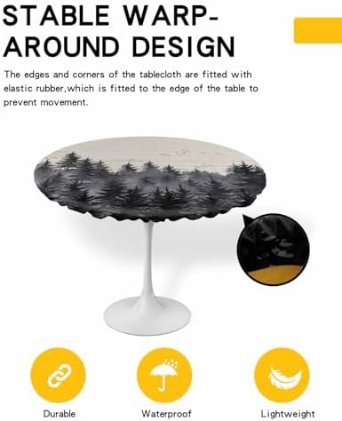 Forest Birds Round Waterproof Table Cover Fitted Elastic Tablecloth for Indoor Outdoor Use