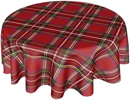 60 Inch Red Christmas Round Tablecloth with Buffalo Plaid Design