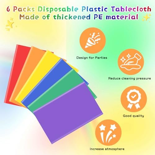6Pcs Rainbow Neon Plastic Tablecloths Set 54x72 Inch