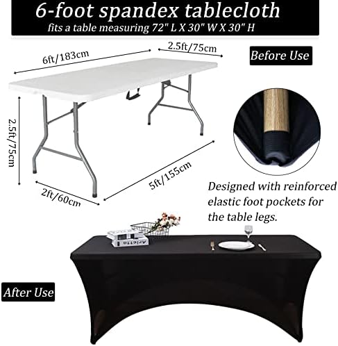 4 Pack 6 Foot Black Spandex Table Cloth for Folding Tables