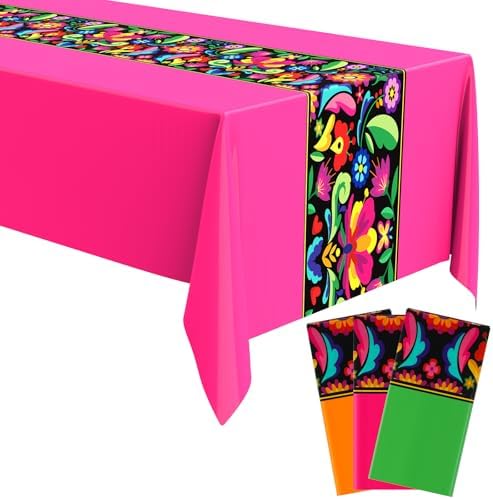 Oudain 3 Pcs Fiesta Tablecloth 108x54 Inch Plastic Table Cover for Mexican Events