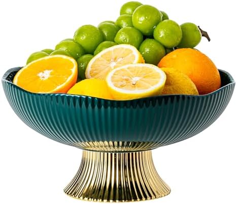 Ceramic Fruit Bowl with Golden Feet 10 Inch Pedestal Design