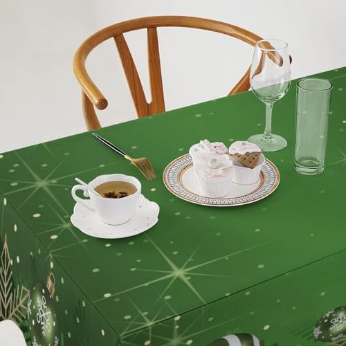 Christmas Ball Rectangular Tablecloth with Green Baubles Snowflake Pattern