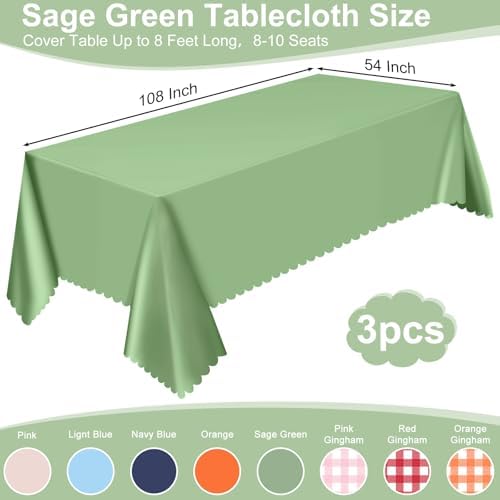 3 Pack Sage Green Plastic Tablecloth for Rectangular Tables