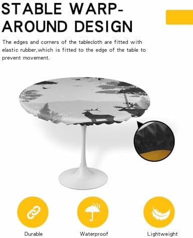 Foggy Forest Elk Round Waterproof Table Cover Fitted Tablecloth
