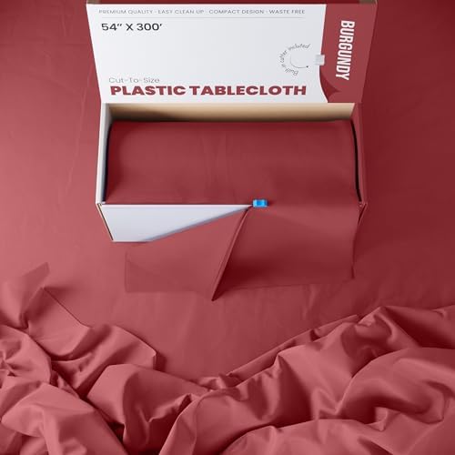 Exquisite Burgundy Plastic Tablecloth Roll 54x300 Cut To Size Box With Slide Cutter