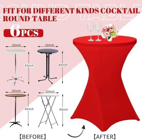 6 Pack Red Spandex Stretch Cocktail Table Covers for Round Tables