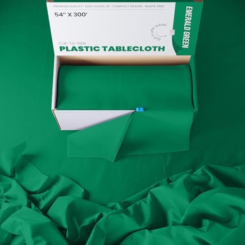 Exquisite Emerald Green 54x300 Plastic Table Cover Roll with Slide Cutter