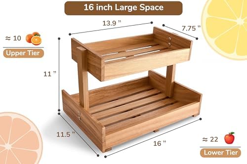 2-Tier Acacia Wood Fruit Basket Large Capacity Bowl Organizer