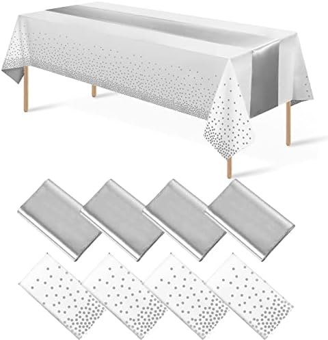 8Pack White and Silver Dot Tablecloths and Satin Table Runner Set for Occasions