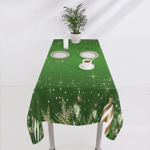 Christmas Ball Rectangular Tablecloth with Green Baubles Snowflake Pattern