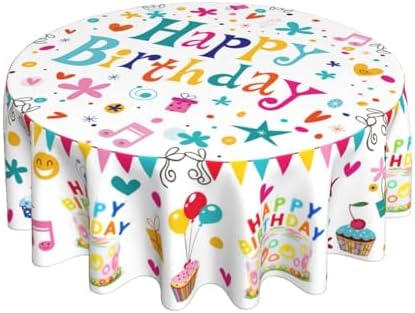 Happy Birthday Round Tablecloth 60 Inch Colorful Cake Balloons Cover