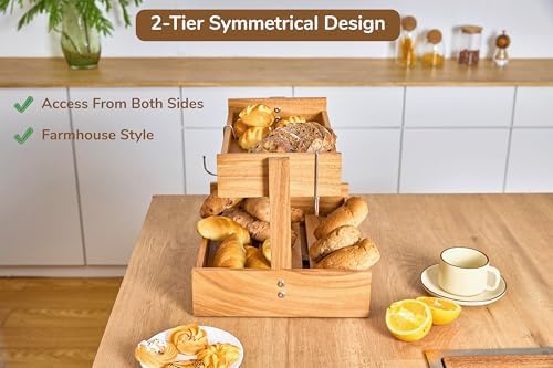 2-Tier Acacia Wood Fruit Basket Large Capacity Bowl Organizer