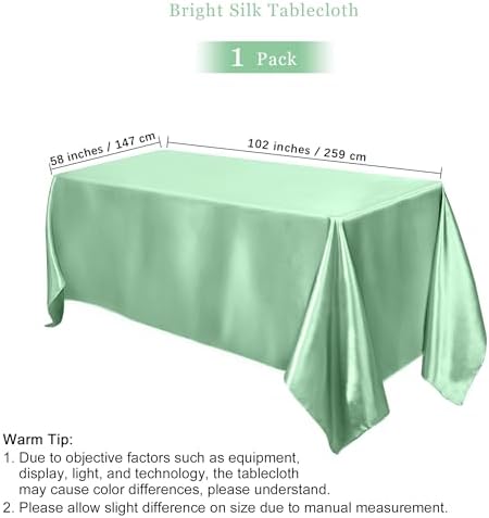 TURSTIN Sage Green Sateen Tablecloth 102x58 Inch Overlay Table Cover