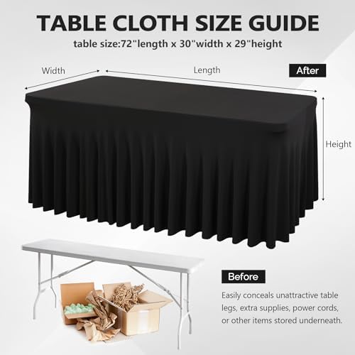 Wish Care 2 Pack Black Spandex Tablecloths - Fitted 6ft Rectangle for Events