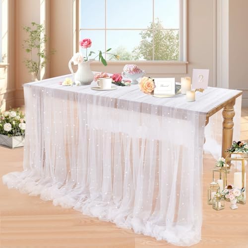 LuoluoHouse White Pearl Table Cloth 10ft Tulle Wedding Runner Decor