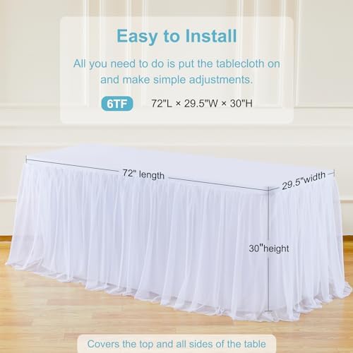 White Tulle Tablecloth with Skirt for 6 Foot Tables