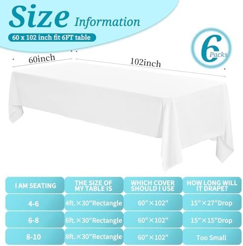 6 Pack White Tablecloths 60x102 Inch Rectangle Table Cover for 6 Foot Tables Stain Resistant Washable
