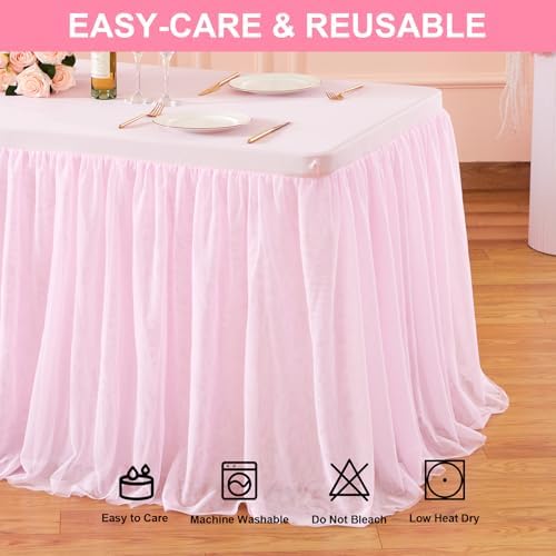 1 Pack Pink Table Cloth for Rectangle Tables 6FT Tulle Table Skirt Stretch Fitted Table Cover