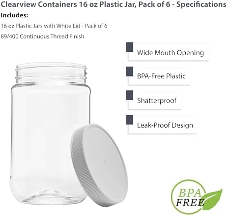 Plastic Storage Jars with Leak Proof Lids 16oz 6 Pack