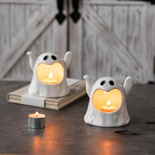 Ceramic Halloween Candy Bowl Ghost Candle Holder - 2pcs