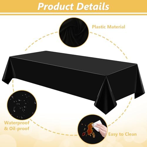 3 Pack Black Plastic Tablecloth for Rectangle Tables