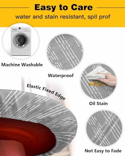 Grey Geometric Round Waterproof Table Cover 55-60 Inch Elastic Tablecloth for Indoor Outdoor Use