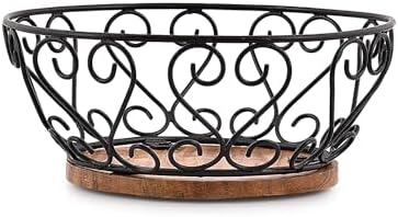 EDHAS Iron Fruit Bowl With Wooden Base 9x9x4 Inches